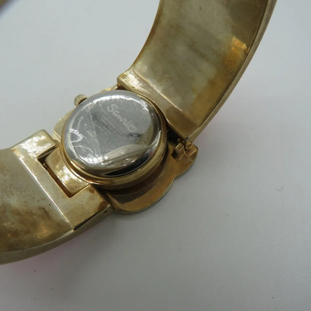 Sanrio Hello Kitty Rhinestone Flip Top Bangle Watch Pink Rosette Gold Tone Y2K